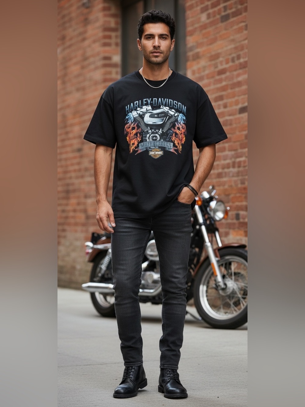 Harley-Davidson Black Short Sleeve Graphic Tee with Blue and Orange Flames